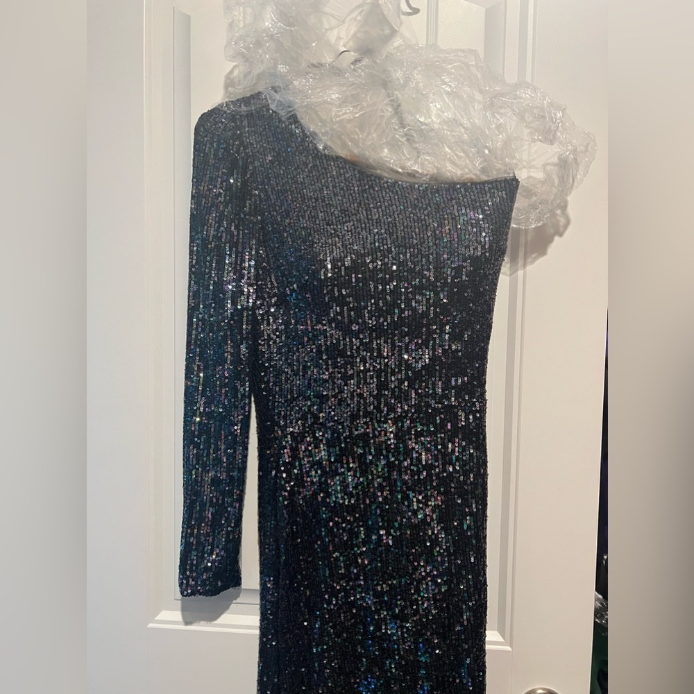 Sequin Cold (left) shoulder evening gown